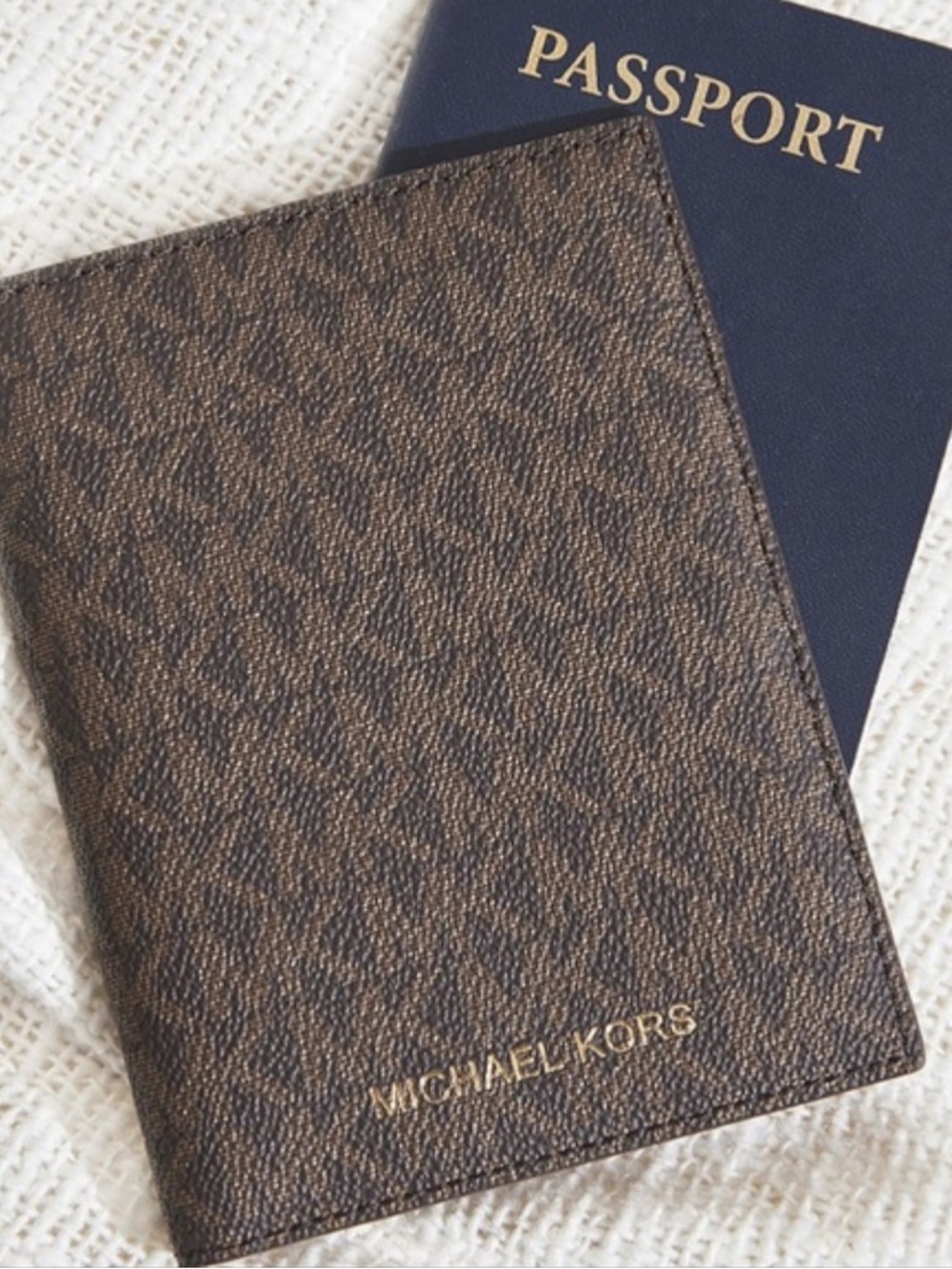Michael Kors Brown Logo Travel Passport Cover with Gold Foil